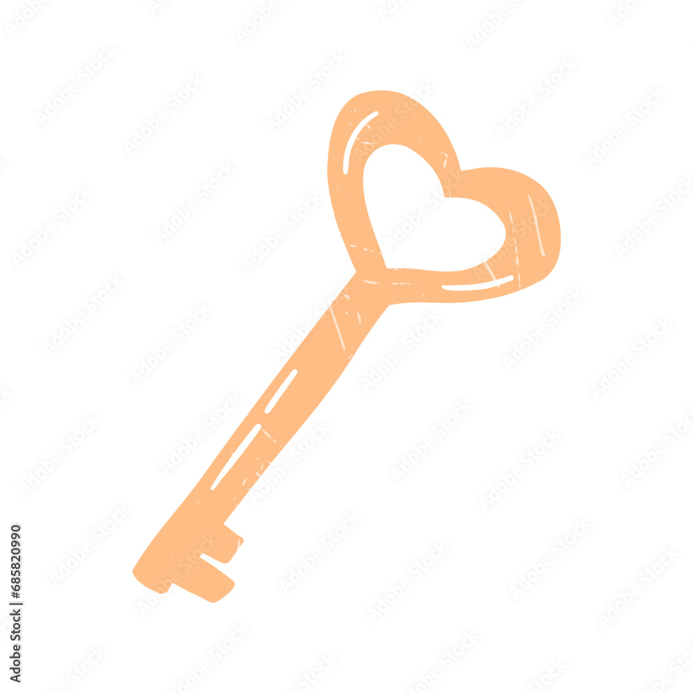 Hand drawn key in shape of heart, cartoon flat vector illustration isolated on white background. Cute drawing with grunge texture. Symbol of love and Valentines day. Hand drawn key in shape of heart, cartoon flat vector illustration isolated on white background. Cute drawing with grunge texture. Symbol of love and Valentines day.