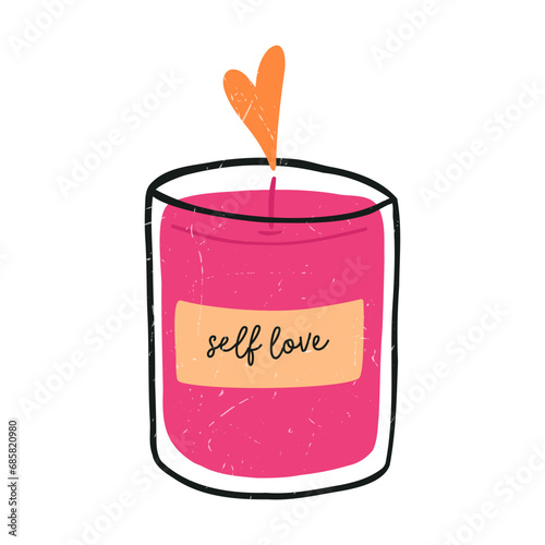 Hand drawn self love candle, cartoon flat vector illustration with grunge texture, isolated on white background. Cute candle with flame in shape of heart. Concepts of love and self care.