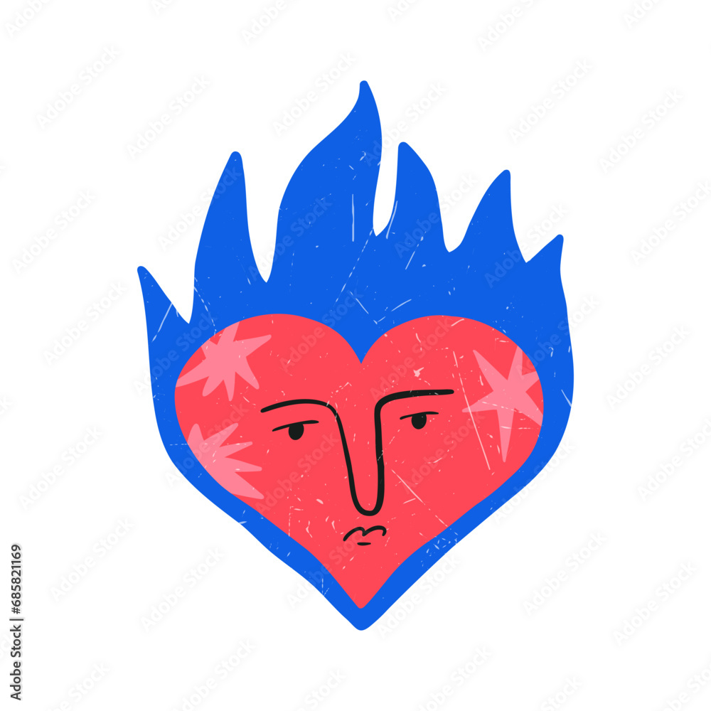 Hand drawn heart in flames with sad face, cartoon flat vector illustration isolated on white background. Cute and quirky Valentines day drawing with grunge texture. Symbol of love.
