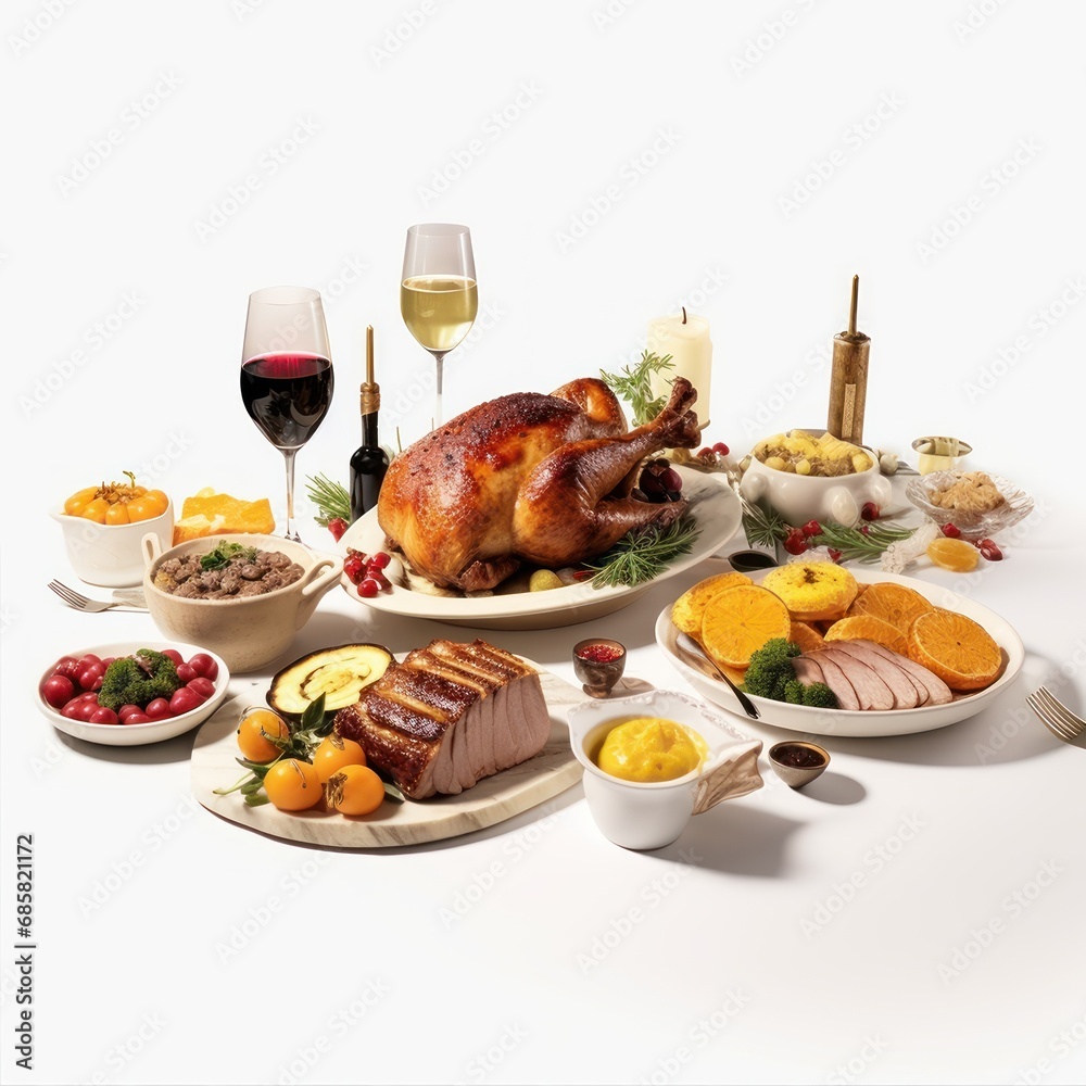 Christmas dinner isolated on white background. Roast turkey potatoes and vegetables
