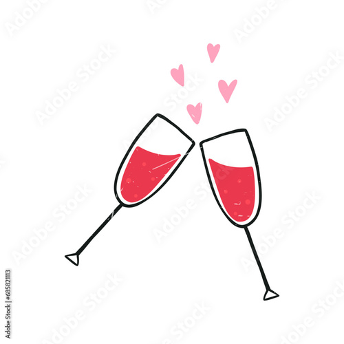 Wine glasses clinking, hand drawn cartoon flat vector illustration isolated on white. Cute drawing with grunge texture. Cheers with red wine glasses. Love and Valentines day party celebration.