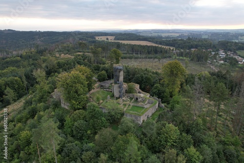 Orl  k castle ruins by Humpolec city Vysocina Czech republic Europe  historical old castle Orl  k aerial scenic panorama landscape view Orl  k nad Humpolcem Bohemia Czechia