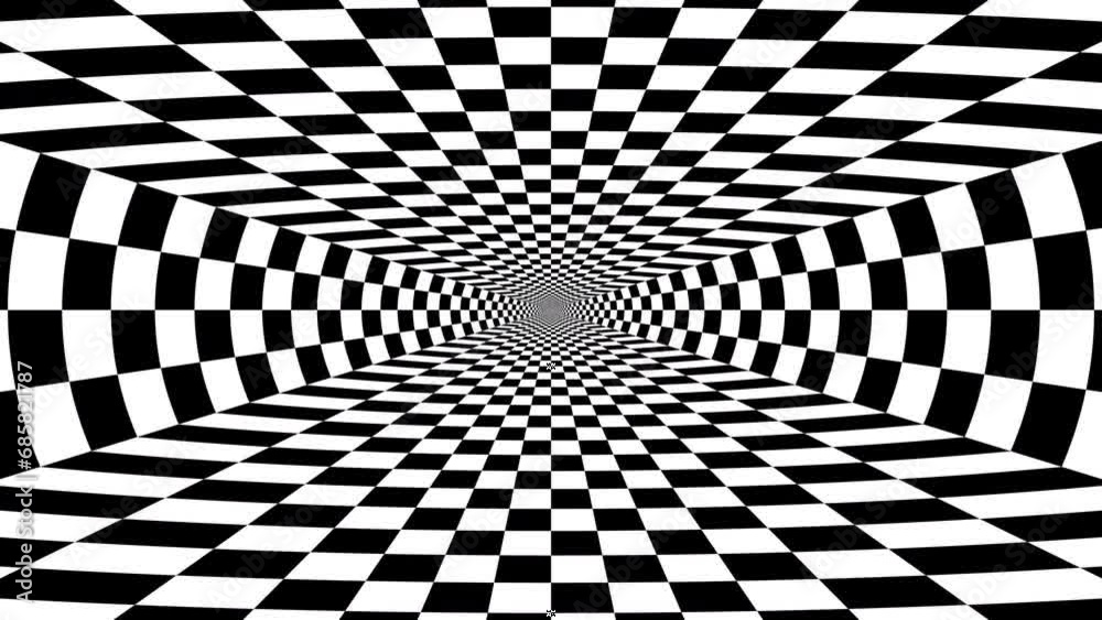 Animated Black and White Pattern with Tunnel. Abstract Chessboard and Checkered Spiral in Perspective. Contrasty Optical Psychedelic Illusion. Loop Seamless Stock Footage. 3D Graphic