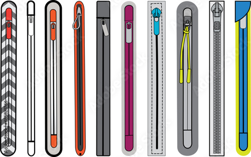 Zip fastener with Zipper puller flat sketch vector illustrator. Set of water proof invisible Zip pocket types for  Shorts, Pants, dress garments, bags, jackets Clothing and Accessories