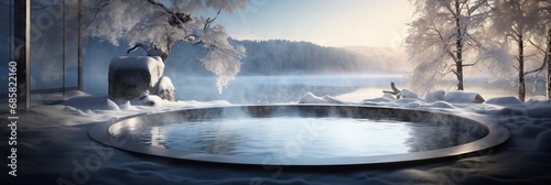 Luxurious outdoor hot tub in a snowy winter landscape with mist over a tranquil lake and frost-covered trees