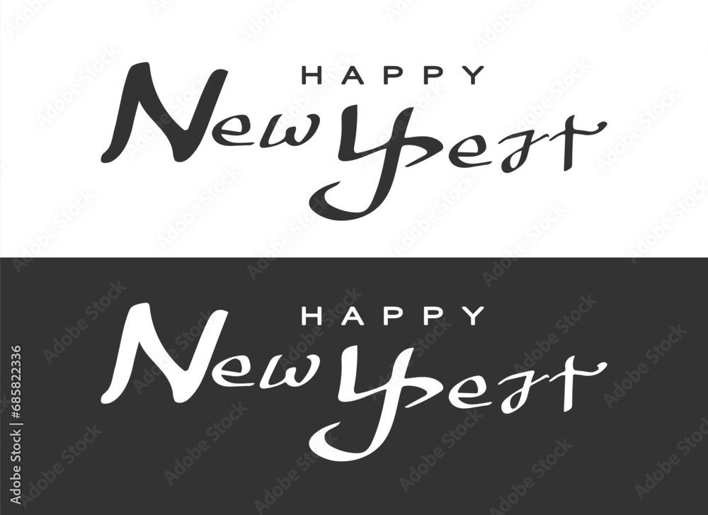 Obraz premium Handwritten calligraphic lettering of Happy New Year. Vector illustration Happy New Year logo design isolated on black white background.