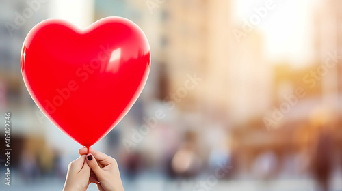 a young woman holds a heart-shaped balloon
