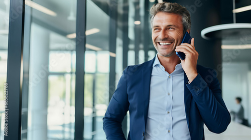 Happy business man talking on mobile cell phone device looking away standing at work. Smiling professional businessman making call on smartphone working with cellphone in office