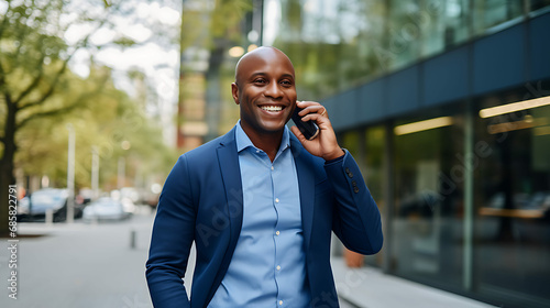 Happy business man talking on mobile cell phone device looking away standing at work. Smiling professional businessman making call on smartphone working with cellphone in office