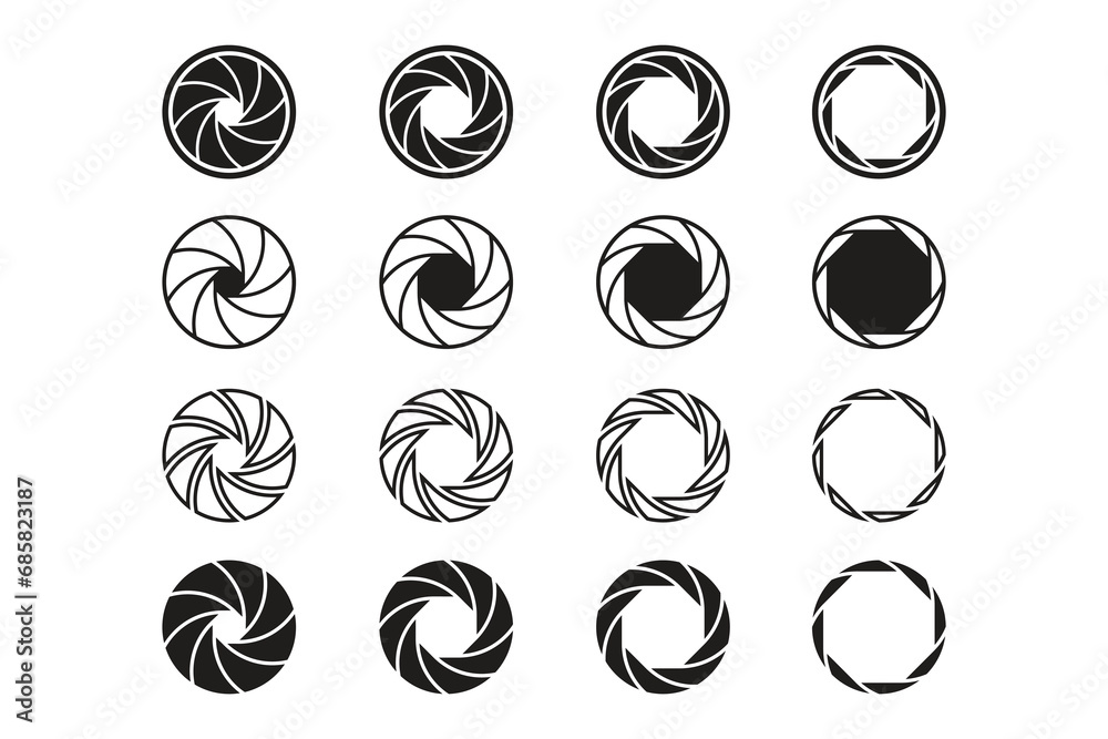 Camera shutter icons set. Camera lens diaphragm. Lens aperture, photo shutter, photo lens, shutter lens, camera shutter and camera lens icon collection. Vector illustration.icon design Camera shutter icons set. Camera lens diaphragm. Lens aperture, photo shutter, photo lens, shutter lens, camera shutter and camera lens icon collection. Vector illustration.icon design