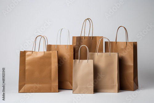 set of eco paper bags with handles on a gray background