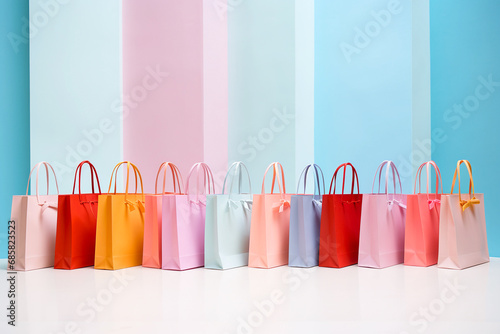 colorful paper shopping bags on a pastel background with copy space photo