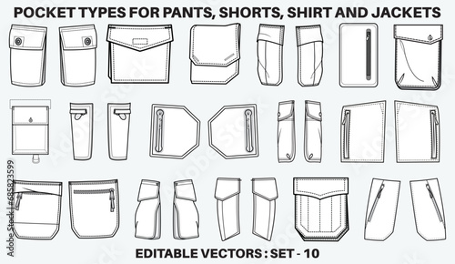 Patch pocket flat sketch vector illustration set, different types of Clothing Pockets for jeans pocket, denim, sleeve arm, cargo pants, dresses, bag, garments, Clothing and Accessories