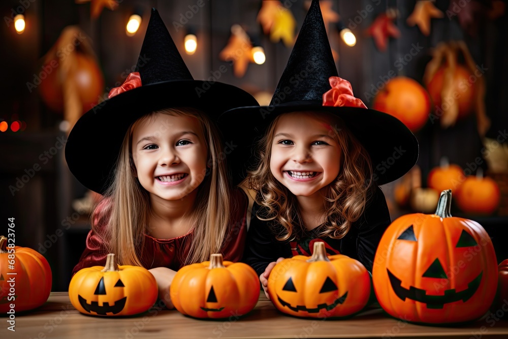Fototapeta premium Kids in Halloween Hats, Happy Little Girls Smile, Halloween Celebration, Child Party, Witch Hats