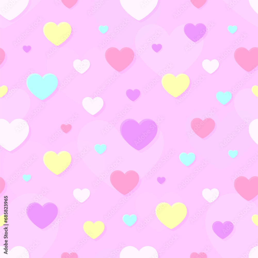 Heart love seamless pattern background pink flat. Colorful bright valentine festive 3d simple papercut yellow blue purple shadow cute wrapping paper print textile greeting card romantic wallpaper