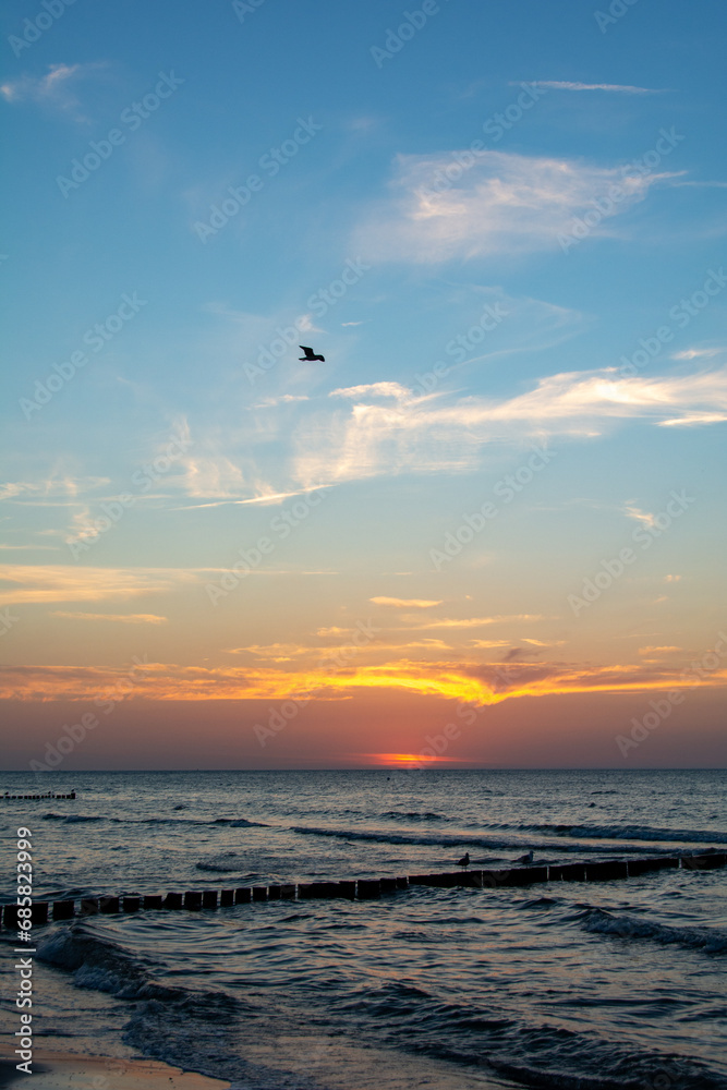Sunset over the sea with breakwater, beach and birds
