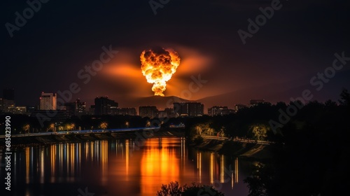 fire on the background of the city and the river in the evening. Nuclear explosion. Atomic Bomb. World War 3 Concept.