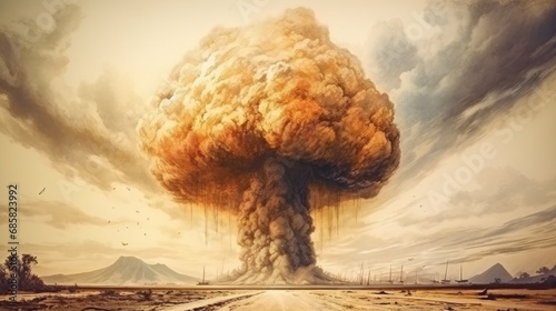 Big explosion with smoke and fire in the sky. 3d. Nuclear explosion. Atomic Bomb. World War 3 Concept.