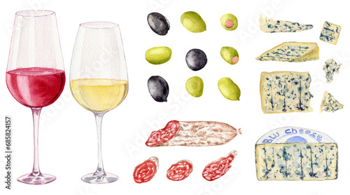 Two glasses with white and red wine. Various olives. Slices of sausage fuet with white mold. Varieties blue cheese. Clipart. Watercolor, art illustration isolated. For cards, menus, posters.