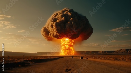 3d illustration of a huge explosion in the middle of the road. Nuclear explosion. Atomic Bomb. World War 3 Concept.