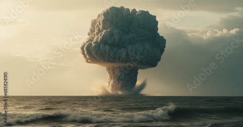 3D illustration of a huge cloud of smoke rising from the sea. Nuclear explosion. Atomic Bomb. World War 3 Concept.