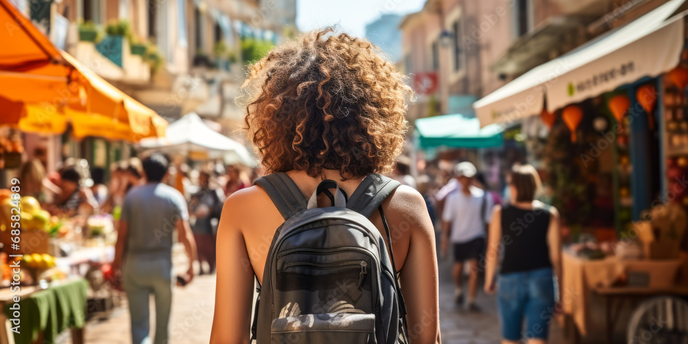 Rear view of a young tourist with curly hair and backpack wandering through a bustling Mediterranean market street lined with fruit stands Rear view of a young tourist with curly hair and backpack wandering through a bustling Mediterranean market street lined with fruit stands
