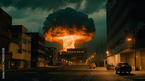 Nuclear explosion in the middle of the street at night with cars. Nuclear explosion. Atomic Bomb. World War 3 Concept.