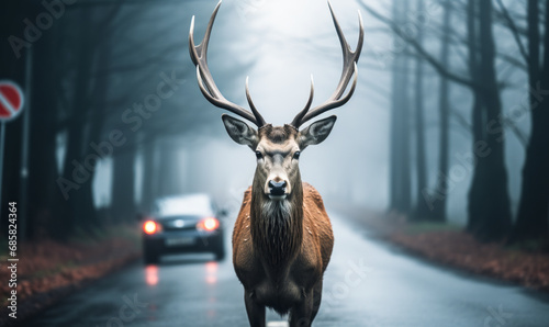 Majestic stag with impressive antlers standing in the middle of a foggy road facing the camera with a car approaching in the background