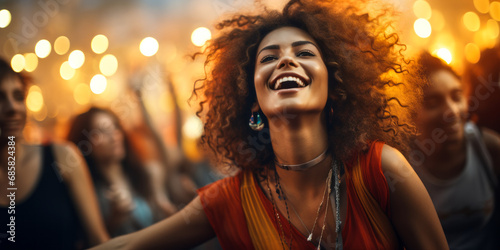 Joyful woman with curly hair dancing at a festival, immersed in a crowd with golden lights, embodying the vibrant spirit of outdoor music concerts