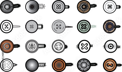 Sewing Buttons flat sketch vector illustration set, different types of Shirt Buttons, Shank button, Flat buttons and Decorative buttons for fasteners, dresses garments, Jeans, Clothing and Accessories