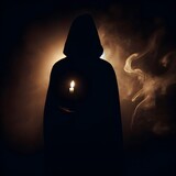 A mysterious figure stands in the shadows of a dark background, their silhouette illuminated by a single flickering candle