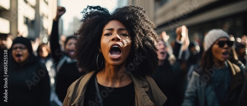 Serious black Female activist protesting outdoors with group of demonstrators in the background. © Adriana