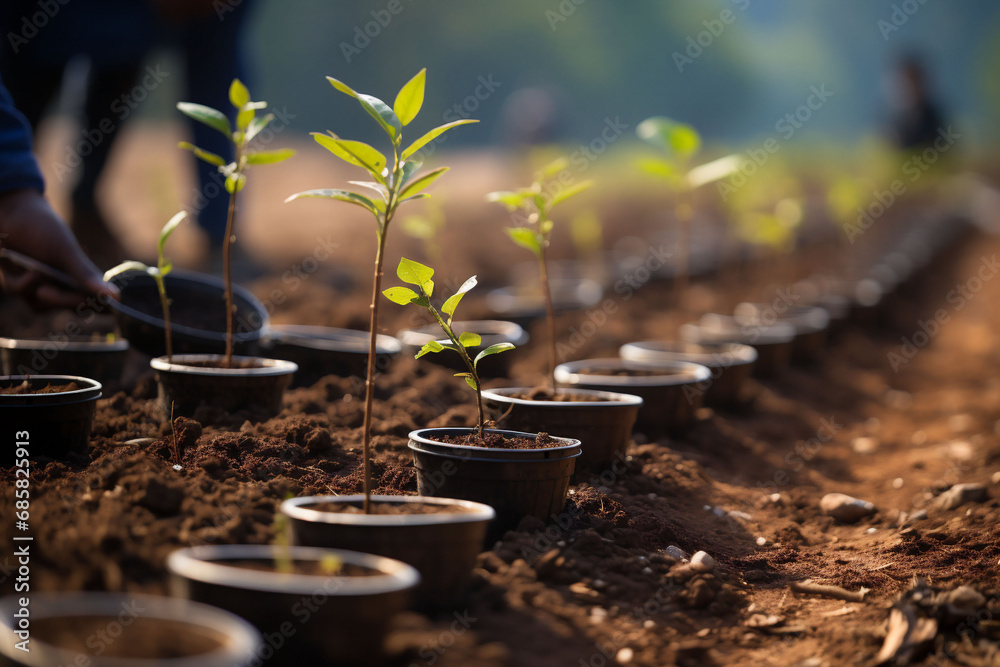 A tree plantation. Furrows with evenly spaced seedlings in black pots. Idea of reforestation. Copy space. - obrazy, fototapety, plakaty 