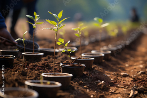 A tree plantation. Furrows with evenly spaced seedlings in black pots. Idea of reforestation. Copy space. photo