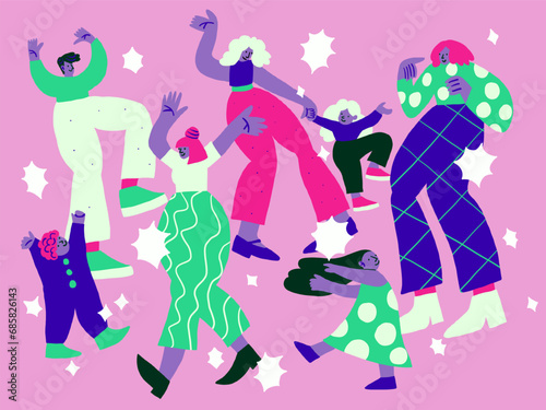 Vector illustration with dancing people with stars on violet background. Dancing people doodles. Happy family, party people. Vector illustration © tanya