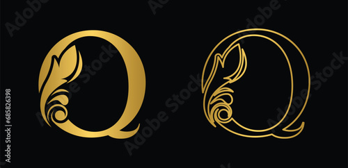 letter Q golden. flower letters. Vintage ornament initial Alphabet. Logo vector	