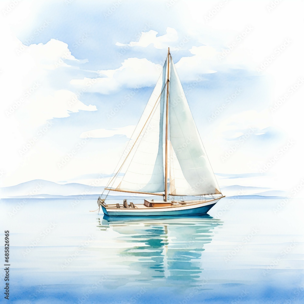 Watercolor sailboat on a calm lake with a clear blue sky, white background. AI generate