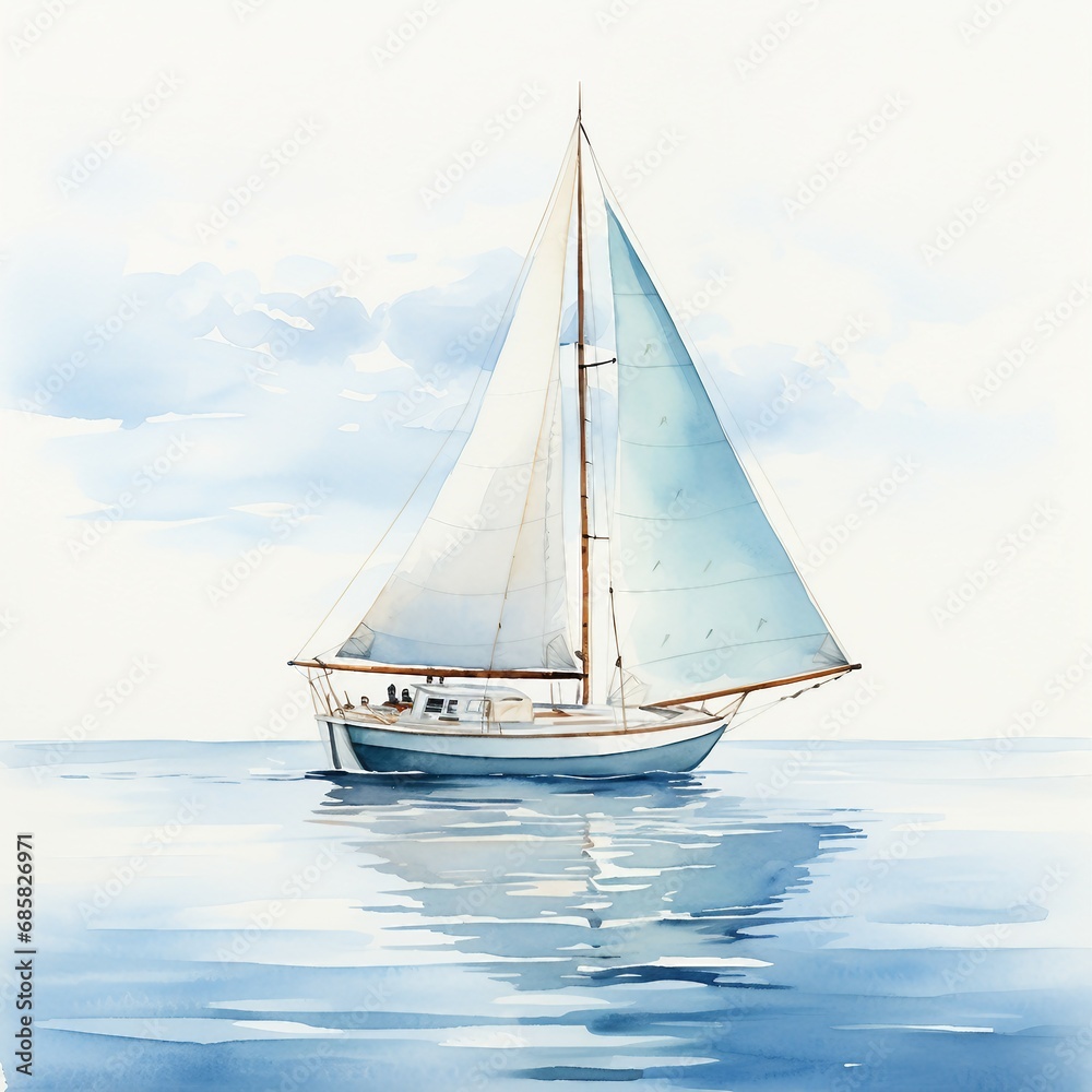 Watercolor sailboat on a calm lake with a clear blue sky, white background. AI generate