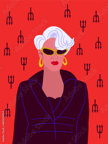 Old stylish woman with grey hair on red background. Woman boss. Devil woman. Vector illustration