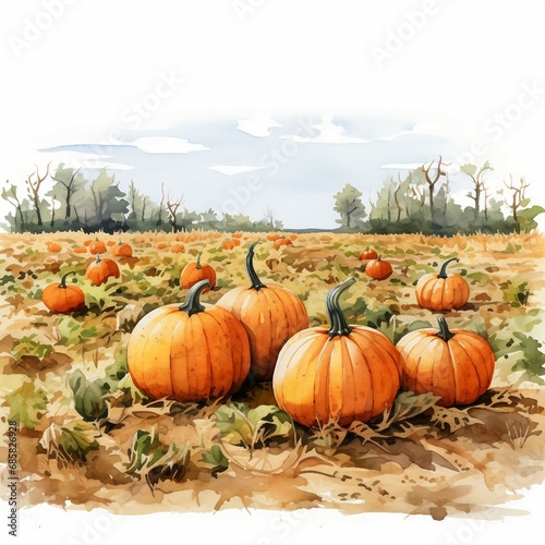 Watercolor pumpkin patch with orange pumpkins, white background. AI generate