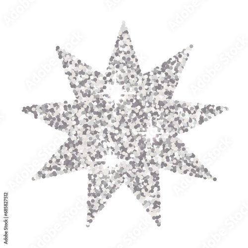 Silver glitter star with nine rays isolated on a white background. Vector metallic decorative element  holiday.