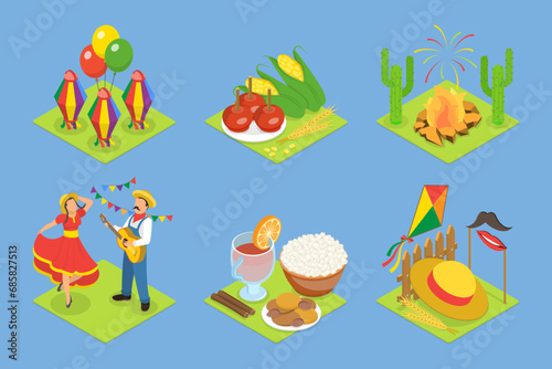 3D Isometric Flat Vector Illustration of Festa Junina, Traditional Brazilian Festival
