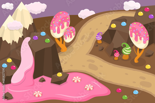 3D Isometric Flat Vector Illustration of Fantasy Candy World, Dream Candyland