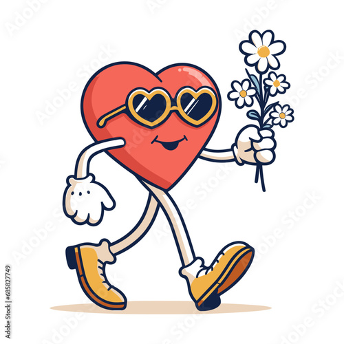 Fototapeta Naklejka Na Ścianę i Meble -  Vintage retro red heart mascot in heartshaped sunglasses and holding bouquet of flowers. Love, st valentines day holiday, gift card, romantic. Groovy vintage walking character with face. 