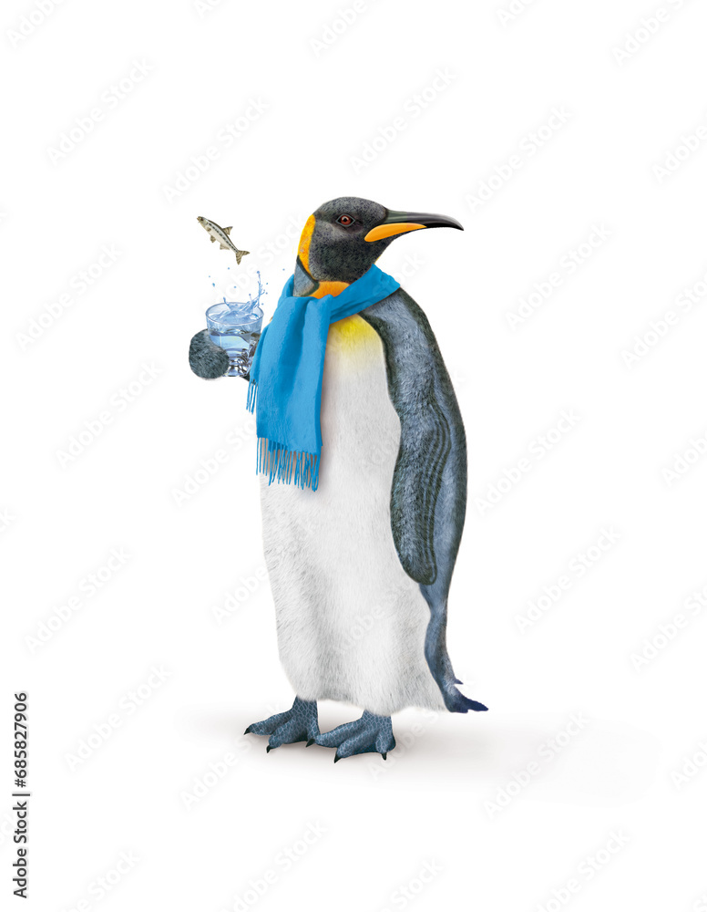 Naklejka premium un manchot empereur avec une écharpe qui tien un verre de poisson gounjon qui s'échappe