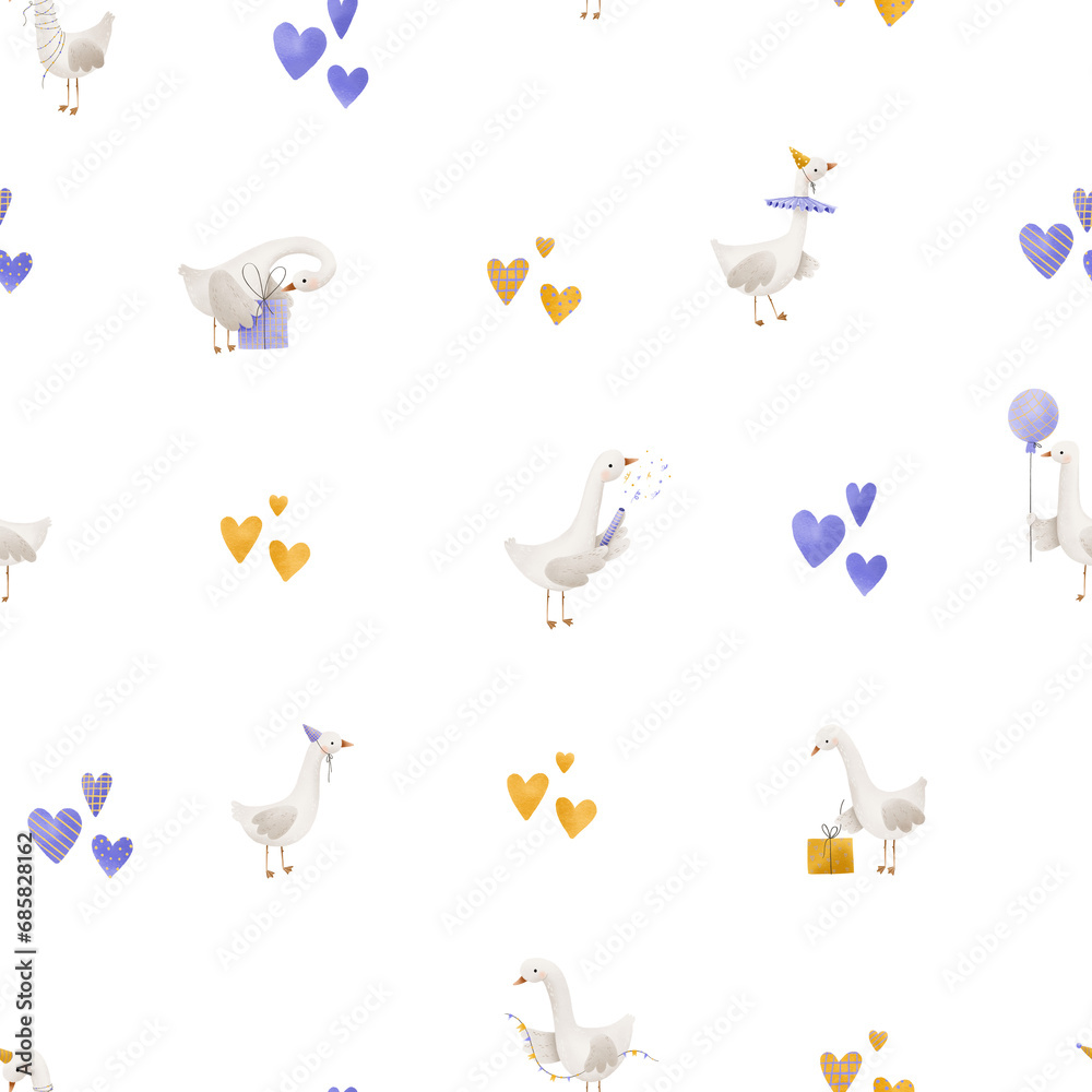Birthday seamless pattern with a funny ducks in a cone with gift boxes and garlands. Purple and yellow hearts. Hand drawn cartoon in a limited palette. Ideal for newborn textile and clothing Birthday seamless pattern with a funny ducks in a cone with gift boxes and garlands. Purple and yellow hearts. Hand drawn cartoon in a limited palette. Ideal for newborn textile and clothing