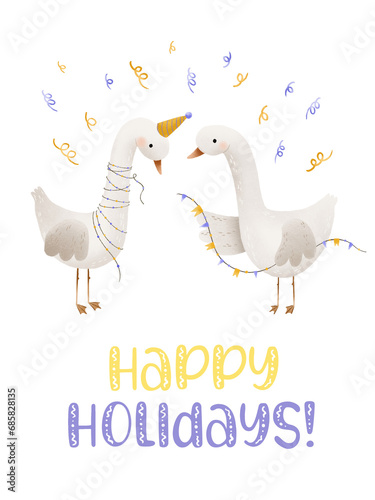 Greeting card for winter holidays. Cute cartoon Geese with garlands. Isolated illustration for children s party. Vertical postcard banner. Hand drawn modern kid style