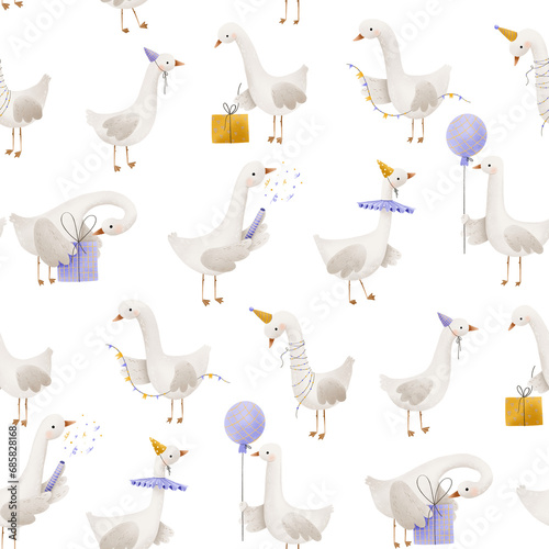 Seamless pattern with geese. Geese celebrate holidays with gifts  balloons and garlands. Crackers and confetti. Cute children s birthday design. Square seamless background