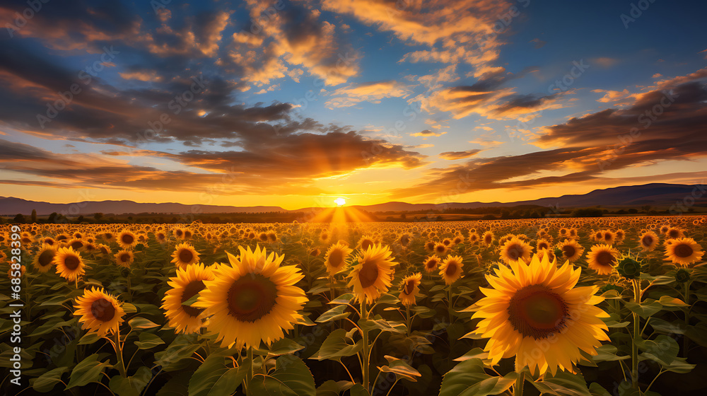The golden radiance of sunflowers in the tranquil glow of sunset. Generative Ai