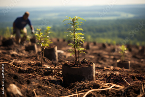 A tree plantation. Furrows with evenly spaced seedlings in black pots. Blurred worker and a valley in the background. Copy space.